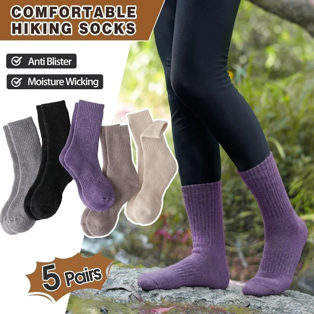 Women's Different 5 Pairs Merino Wool Hiking Warm Winter Cozy Comfy Boot Socks